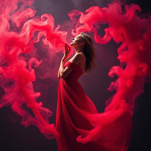 a graceful figure in a flowing red dress surrounded by wispy red and pink smoke forming a heart shape, soft focus, 85mm lens, f/1.8 aperture, ISO 200, low light setting, portrait orientation, cinematic lighting, DSLR camera