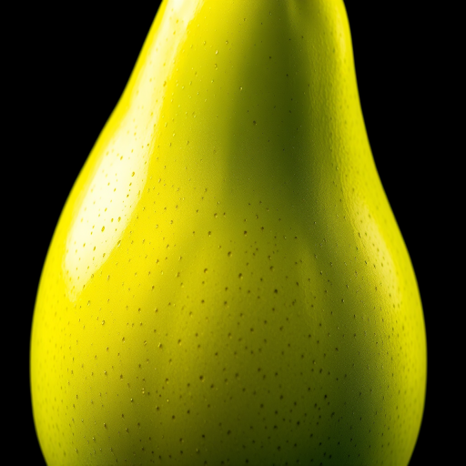 A high-resolution illustration of a green pear with a glossy finish, illuminated with soft lighting, captured in a close-up view, using a DSLR camera with a 50mm lens at f/1.8, ISO 100, and a shallow depth of field to enhance the pear's details and texture.