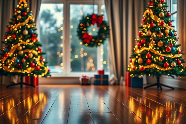 Create a cozy Christmas scene featuring a wooden floor with reflections a beautifully decorated room with two Christmas trees adorned with colorful ornaments and a festive wreath hanging on a window with soft bokeh lights in the background