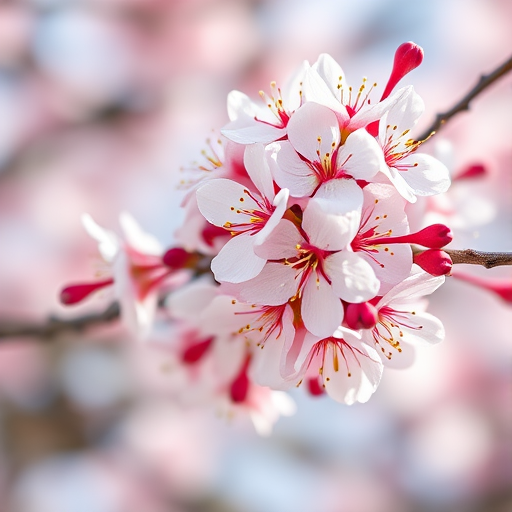 high-resolution image of blooming cherry blossoms on a branch, macro view, soft focus, natural light, DSLR camera, aperture f/2.8, shutter speed 1/200s, ISO 100, vibrant colors and detailed texture