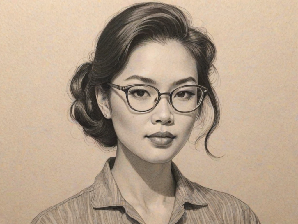 Exquisite Cathy Ang, pencil sketch, portrait of Sublime woman 1953s in glasses, hair style beatnik, outline, clear lines, fine lines, 8k