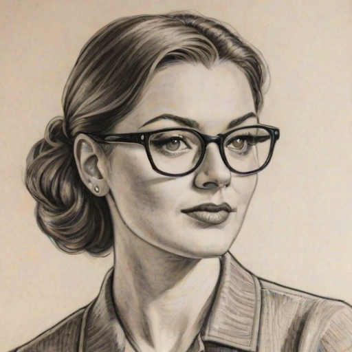 Fetching Billi Mucklow, pencil sketch, portrait of Lovely woman 1935s in glasses, hair style beatnik, outline, clear lines, fine lines, 8k
