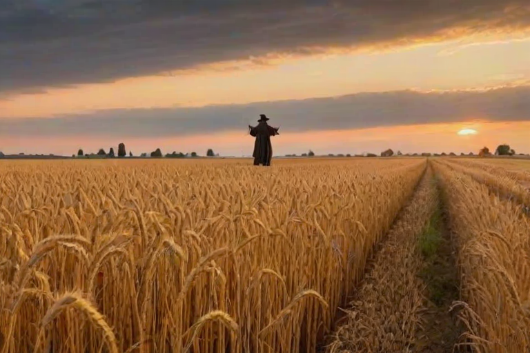 Sunrise over a golden wheat field, the wind gently swaying the crops, and a lone scarecrow standing guard at the edge of the horizon.