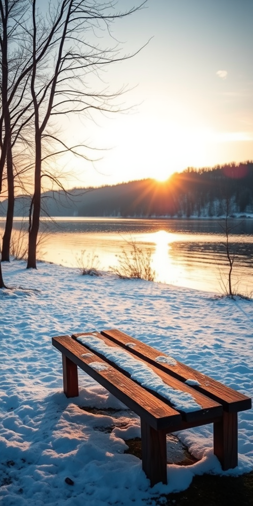 capture a serene winter lakeside scene at sunrise with a wooden bench in the foreground, showcasing snow-covered ground and bare trees, use a DSLR camera, aperture f/8, ISO 100, shutter speed 1/200 sec, wide-angle lens, golden hour lighting for enhanced detail and vibrancy