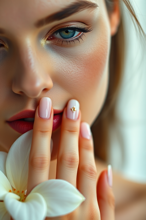 close-up portrait of a woman with elegant nail art and a white flower, soft lighting, shallow depth of field, 50mm lens, f/1.8 aperture, ISO 100, natural light, studio setup