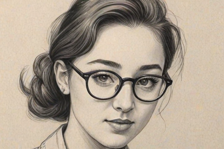 Attractive Noah Cyrus, pencil sketch, portrait of Fetching woman 1950s in glasses, hair style beatnik, outline, clear lines, fine lines, 8k