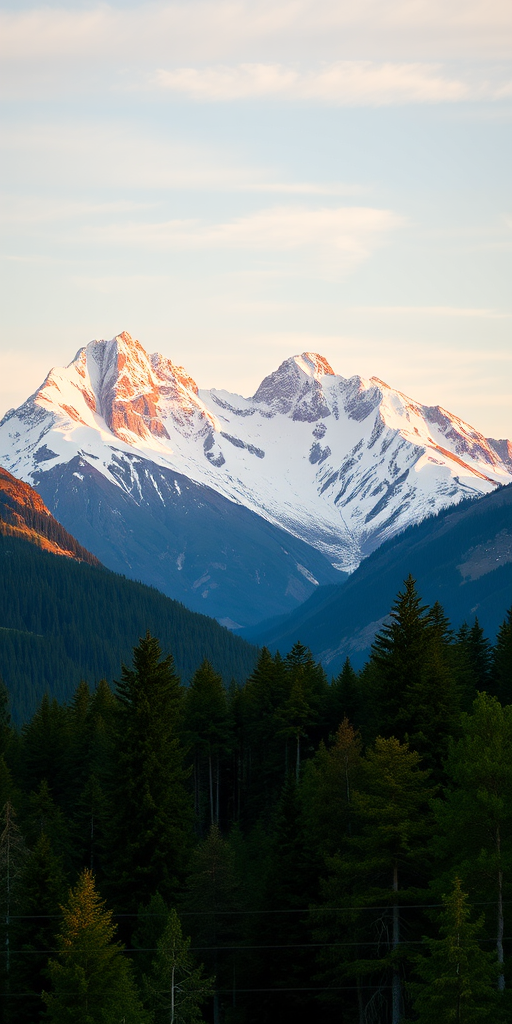Generate a high-resolution landscape image of snow-capped mountains with lush green forests in the foreground, captured with a DSLR camera at 24mm focal length, aperture f/8, ISO 100, shot during golden hour for soft lighting, using a wide-angle perspective.