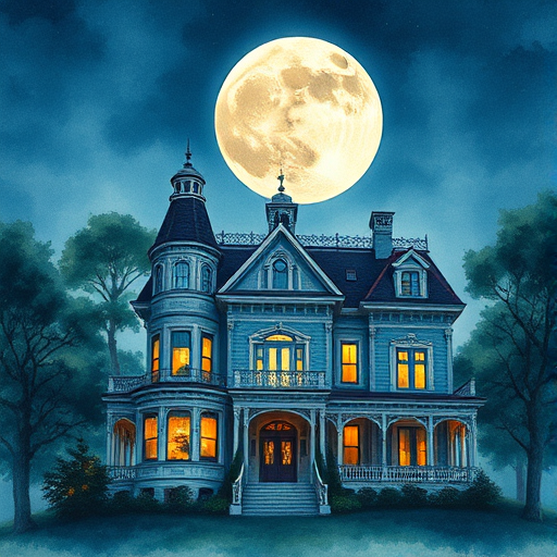 Regenerate a detailed watercolor illustration of a grand Victorian house at night under a large full moon with surrounded trees, using a DSLR camera with a 24mm lens, aperture f/8, ISO 100, and a long exposure to capture beautiful lighting effects and enhance image quality.