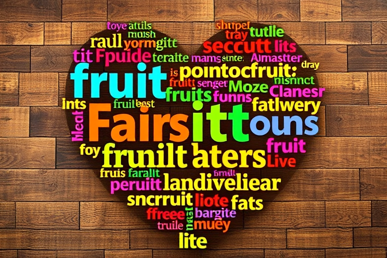Create a vibrant word cloud in the shape of a heart, filled with various fruit names in different colors and fonts, using a high-resolution DSLR camera, f/2.8 aperture, 50mm lens, natural light, and a shallow depth of field to enhance image quality.
