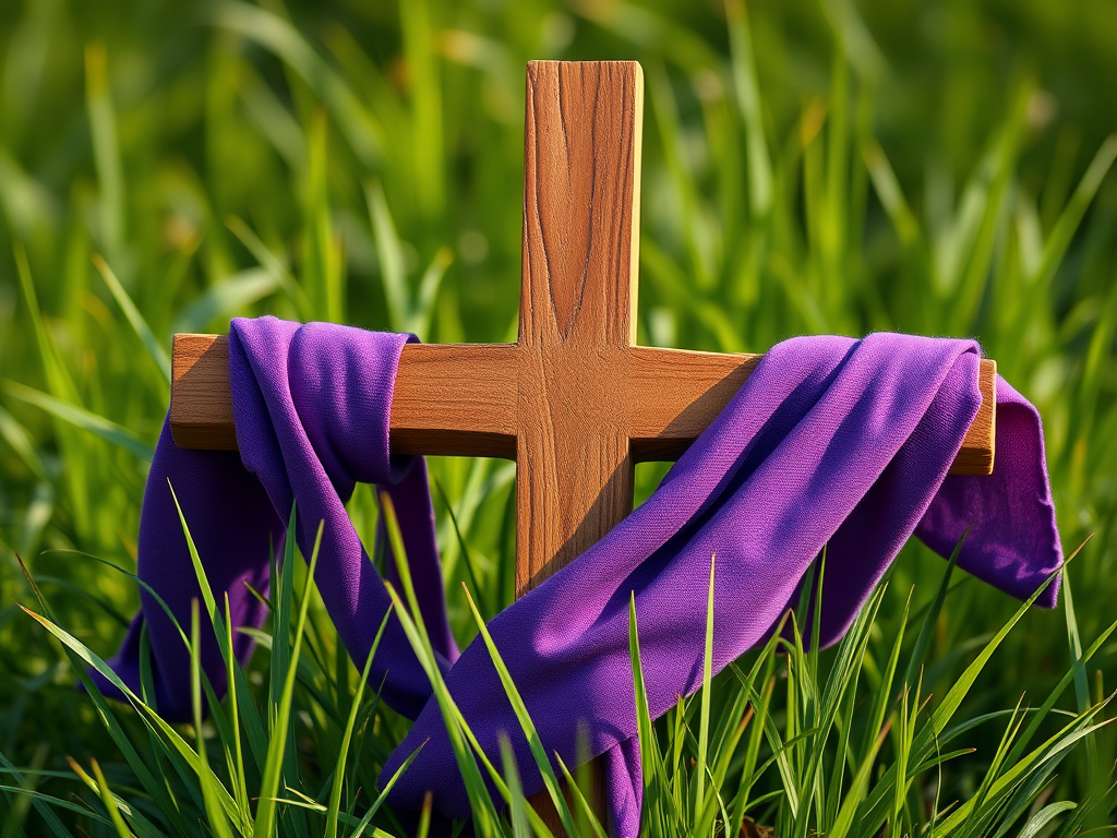 Create a digital illustration of a wooden cross wrapped with a purple cloth, surrounded by green grass, captured with a Canon EOS R5, 50mm lens at f/1.8, in vibrant colors with a slight depth of field effect to enhance focus on the cross.