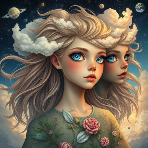 Create a series of imaginative portraits where each subject is infused with elements of fantasy and nature. The hair of the individuals should flow like clouds, varying from soft, fluffy cumulus to wispy cirrus strands, with hints of color reflecting a sunset or a clear blue sky. The eyes should be windows to entire galaxies, with stars, nebulae, and distant planets visible within them. Clothing should be adorned with nature motifs, such as floral patterns that bloom and change, vines that seem to grow and wrap around, or feathers that shimmer with iridescence. Each portrait should capture a unique personality, blending human features with the ethereal beauty of the natural and cosmic world. The backgrounds can vary, from starry night skies to enchanted forests, adding depth and context to the magical realism of the portraits