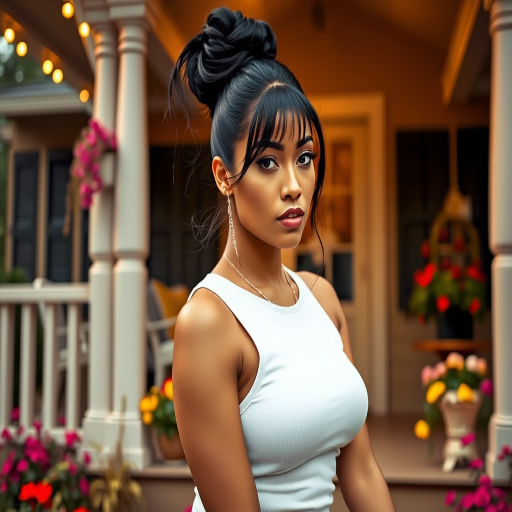 A photo of Nicki Minaj with a background of a cozy porch. She has dark hair pulled back in an updo, with tendrils framing her face. She wears a white tank top and sits on the porch. The porch is part of a well-lit home with a warm, earthy tone and colorful flowers and foliage. The overall scene has a warm, welcoming, and comfortable ambiance.