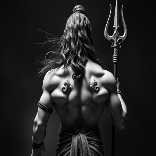 Create a high-resolution image of a muscular figure of a deity from behind, with long flowing hair, wearing traditional attire and holding a trident, in a dramatic monochrome style, shot with a DSLR camera, aperture f/1.8, shutter speed 1/200 sec, ISO 100, focal length 50mm.