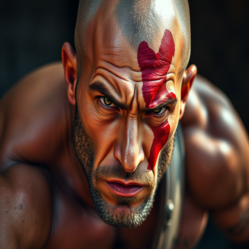 Create a detailed digital portrait of a muscular warrior with a bald head and a red war paint stripe on his face, capturing intense facial features and a fierce expression, using a Canon EOS R5 camera, 85mm lens, f/1.2 aperture, ISO 100, shot in natural light from a low angle to emphasize strength and character.