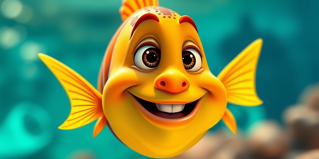 Create a high-resolution cartoon image of a smiling fish with exaggerated features and a playful expression, using a wide-angle view, 50mm lens, f/2.8 aperture, and natural lighting to enhance vibrant colors and details.