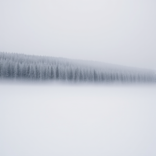 Wide shot of a snowy landscape with a foggy foreground and a dense forest in the background, captured with a DSLR camera at f/8, ISO 100, shutter speed 1/250s, using a 50mm lens for sharpness and clarity.