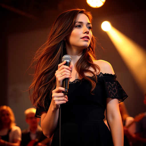 A young woman with long, flowing brown hair is standing in the center of the frame, holding a microphone in her right hand, and looking slightly off to the right side of the frame. She is wearing a black, off-the-shoulder dress with delicate lace detailing. The lighting is warm and dramatic, creating a spotlight effect on the singer. There are other figures in the background, blurred and out of focus, suggesting a concert or performance setting. The camera angle is low, capturing the woman from the waist up. The overall atmosphere is intimate and captivating.
