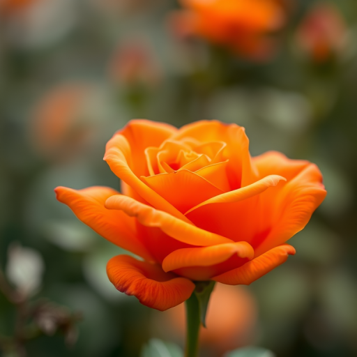 close-up of a blooming orange rose with soft focus background, f/2.8 aperture, 50mm lens, shallow depth of field, natural lighting, DSLR camera