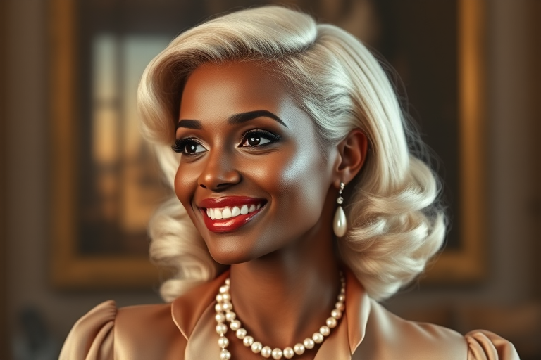 A beautiful Zulu woman reminiscent of 1950s Hollywood glamour, with perfectly styled blonde hair and a seductive smile, dressed in a satin blouse and adorned with pearls, soft and warm tones, photorealistic, 8K