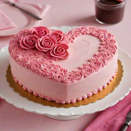 Create an image of a heart-shaped cake decorated with various shades of pink frosting. The cake should have intricate swirls and rosettes on top, showcasing a mix of dark chocolate and pink colors. Place the cake on a simple white plate, with a pink napkin and a gold cake server nearby. The background should be light and minimalistic to emphasize the cake's design.