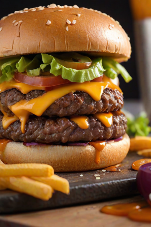 High-resolution, close-up image of a gourmet double cheeseburger. The burger features a glossy, sesame-seed-topped brioche bun. Inside, there are two thick, juicy beef patties, each topped with melted cheddar cheese. The burger is garnished with fresh lettuce, tomato slices, diced onions, and pickles. A generous amount of ketchup and a creamy, orange-colored sauce is dripping down the sides, adding to the mouth-watering appeal. In the background, there are blurred elements including a side of golden French fries and a hint of a beverage, enhancing the overall presentation of a delicious meal.