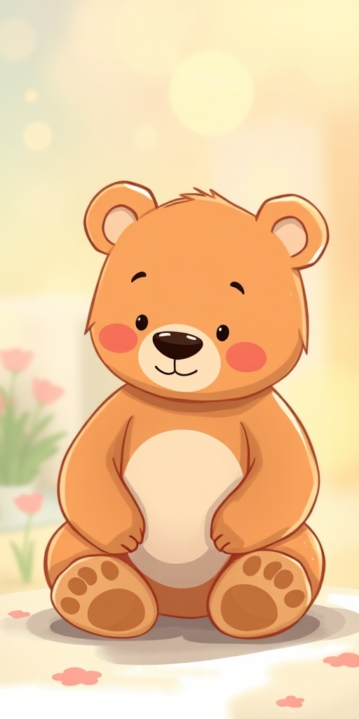 generate a cute cartoon bear character sitting down, soft colors, high resolution, 50mm lens, f/2.8 aperture, ISO 100, soft focus background, digital illustration style, DSLR camera