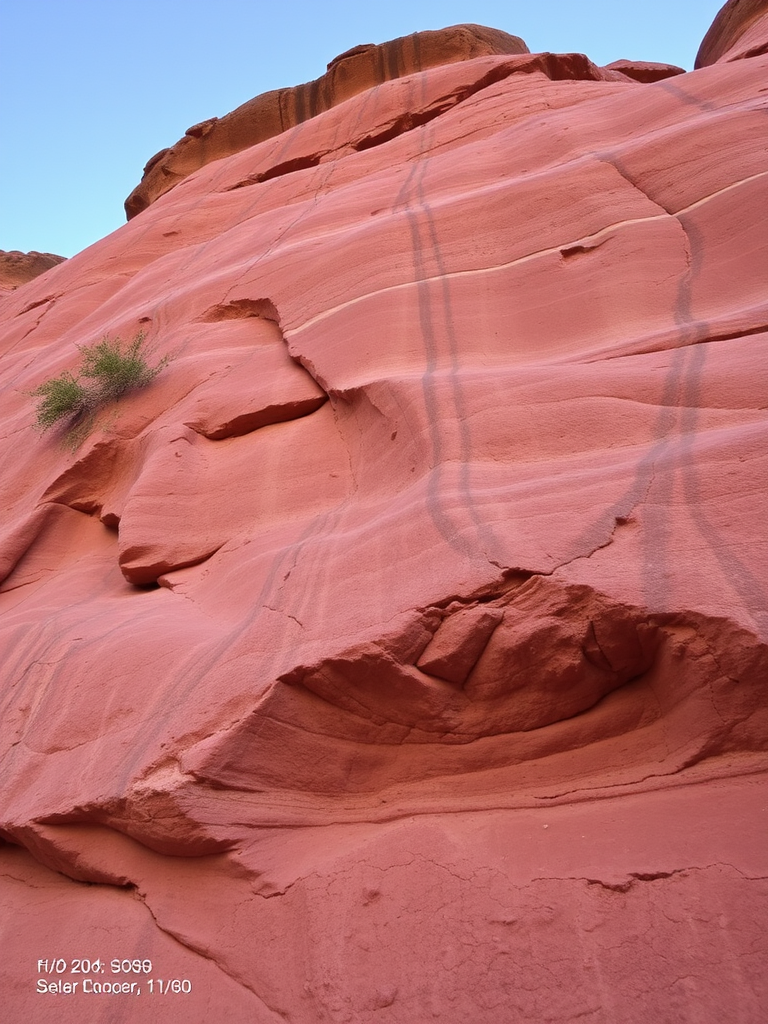Create a high-resolution image of a large, textured rock formation with smooth and rough surfaces, taken from a low-angle perspective, using a DSLR camera with an aperture of f/8, ISO 200, and a shutter speed of 1/60 seconds.