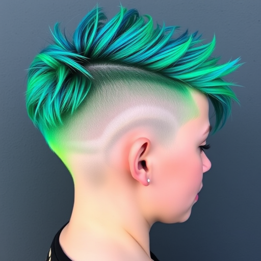 Edgy Neon Undercut pixie style with vibrant green roots fading into electric blue tips, paired with shaved sides featuring intricate geometric patterns