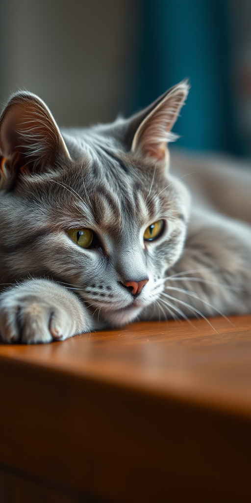 A close-up shot of a gray cat lounging on a wooden surface with soft lighting, using a DSLR camera with a 50mm lens, aperture set to f/1.8, ISO 200, and a shallow depth of field for a blurred background effect.