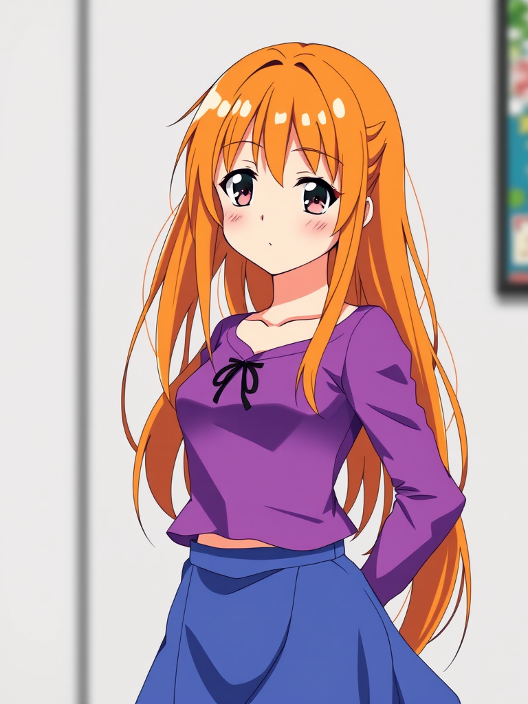 anime character with vibrant orange hair wearing a purple top and blue skirt, standing confidently, high-resolution, 50mm lens, f/2.8 aperture, natural lighting, portrait orientation, digital medium format camera