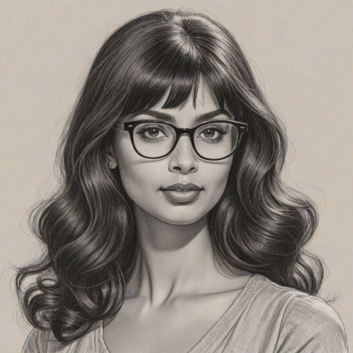 Exquisite Jameela Jamil, pencil sketch, portrait of Fascinating woman 1952s in glasses, hair style beatnik, outline, clear lines, fine lines, 8k