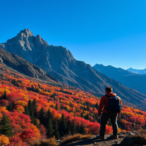 Dramatic mountain range during autumn, with colorful foliage and a clear blue sky, a hiker pausing to take in the breathtaking view.