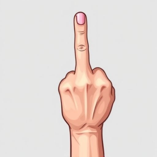 create a high-quality vector graphic of a cartoonish hand showing a middle finger against a light gray background, use a DSLR camera with a 50mm lens, aperture set to f/2.8 for a shallow depth of field, shot from a slightly elevated angle to emphasize the gesture, apply vibrant colors and clean lines for a modern look.