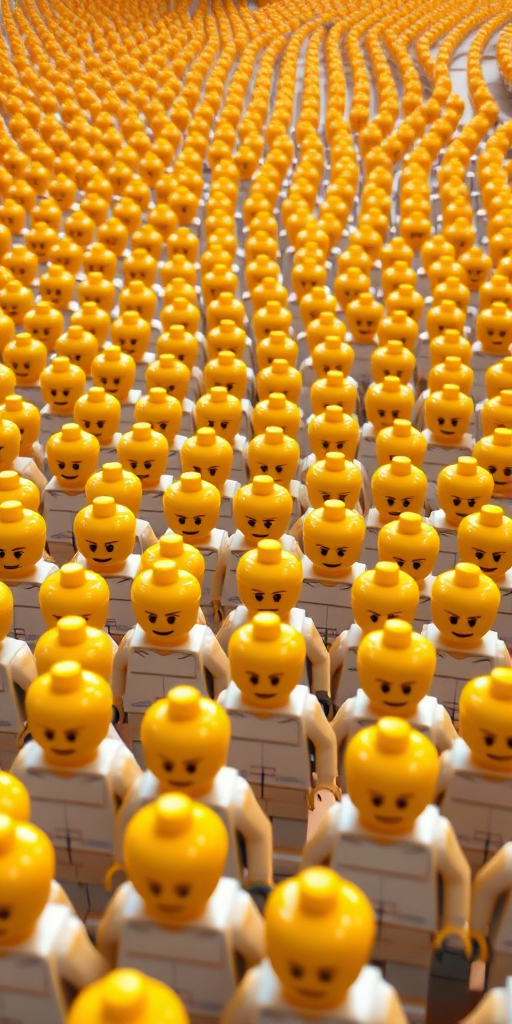Create a 3D rendering of a vast crowd of Lego minifigures with yellow heads and white bodies, arranged in neat rows, shot with a Canon EOS R5 at f/8, ISO 100, 24mm lens, with a low-angle perspective and soft lighting for enhanced detail and depth.