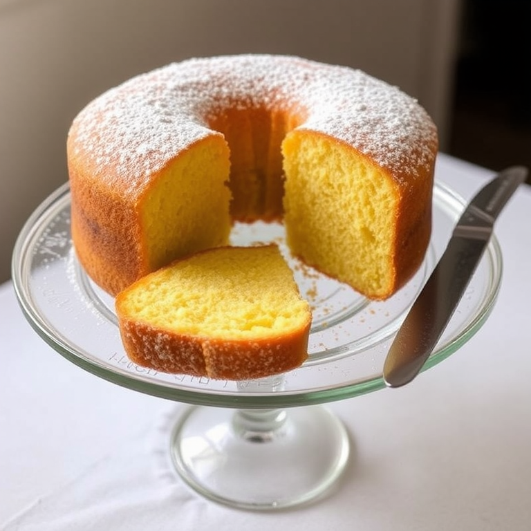 A freshly baked golden cake dusted with powdered sugar on a glass cake stand with a slice cut out and a knife resting beside it.