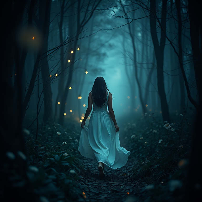 A mystical scene of a woman in a flowing white dress walking through a dimly lit forest with soft glowing lights and flowers around her, captured with a Canon EOS R5, 50mm lens, f/1.8 aperture, ISO 100, shot in soft focus to enhance the dreamy atmosphere.