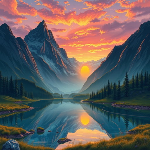 Create a detailed illustration of a serene mountain landscape during sunrise with vibrant colors reflecting on a lake in the foreground, camera settings f/8, ISO 100, shutter speed 1/125s, camera view wide angle, camera style landscape photography, camera type DSLR.