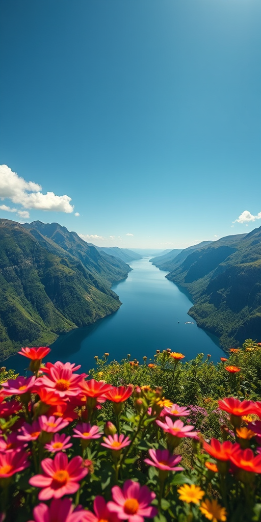 capture a breathtaking aerial view of a fjord surrounded by lush green mountains, clear blue sky with a few clouds, vibrant flowers in foreground, bright sunlight, f/8 aperture, ISO 100, shutter speed 1/200s, drone photography, high dynamic range imaging