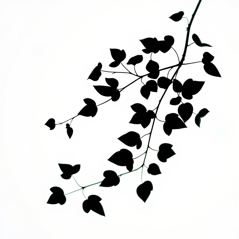 create a high-quality black silhouette of a delicate vine with leaves on a plain white background using a DSLR camera with a 50mm lens, f/1.8 aperture, ISO 100, shot in natural light, top-down view with a soft focus effect