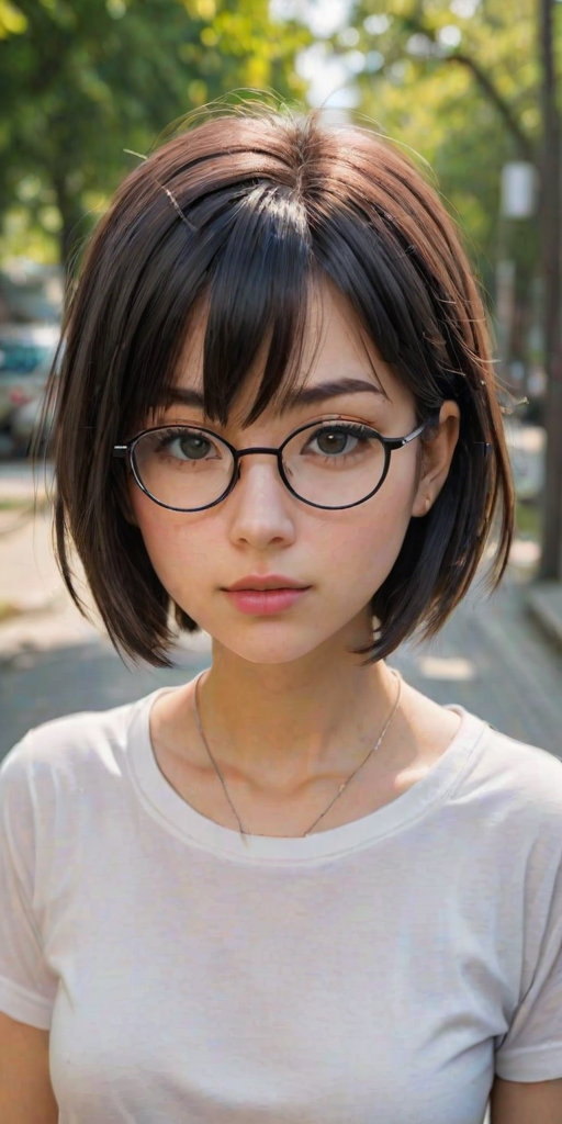 i want the whole image to be created in 3D anime style, 1girl, solo, looking at viewer, short hair, bangs, shirt, black hair, brown eyes, jewelry, closed mouth, collarbone, white shirt, upper body, short sleeves, outdoors, glasses, day, necklace, blurry, lips, depth of field, blurry background, messy hair, round eyewear
