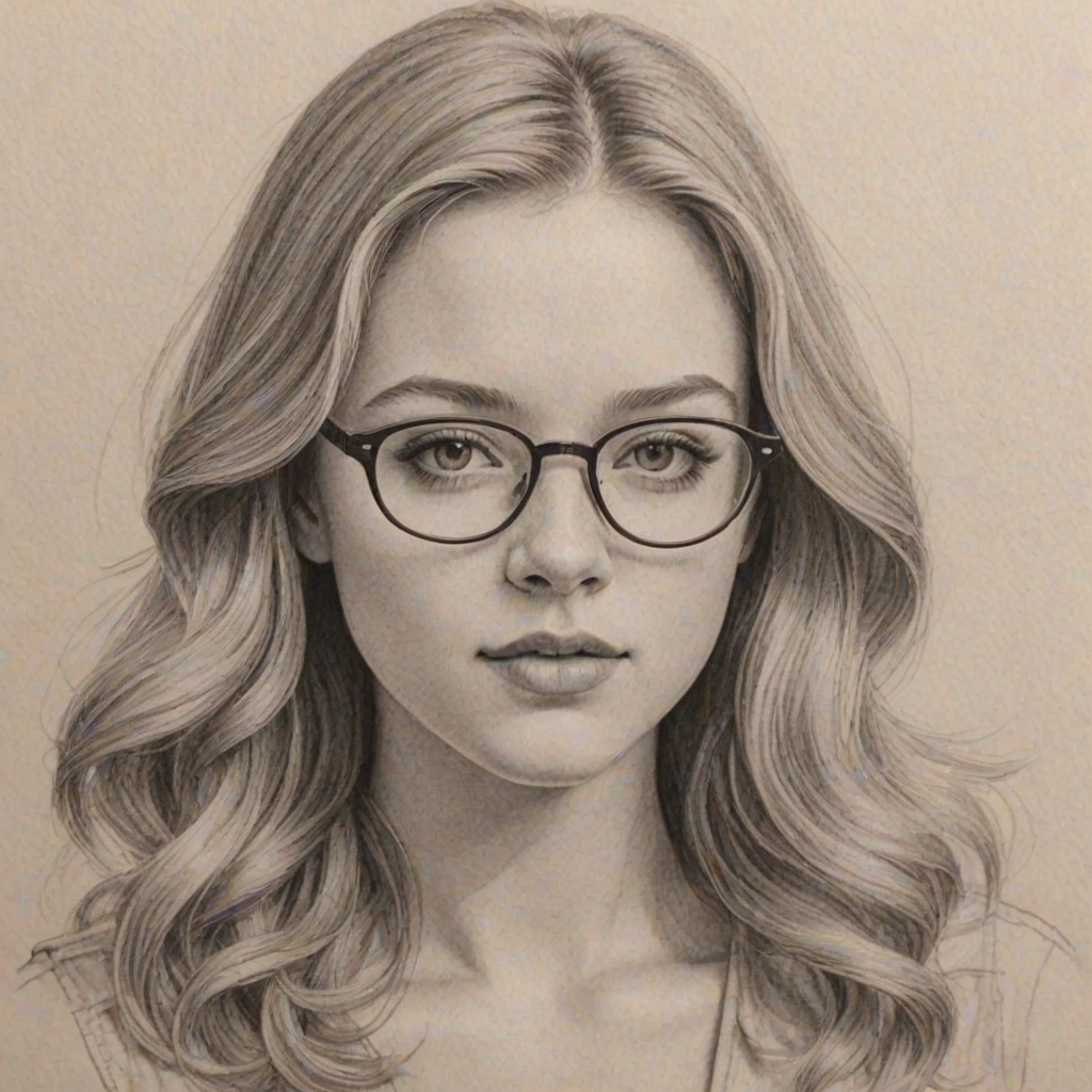 Lovely Jade Pettyjohn, pencil sketch, portrait of Exquisite woman 1973s in glasses, hair style beatnik, outline, clear lines, fine lines, 8k