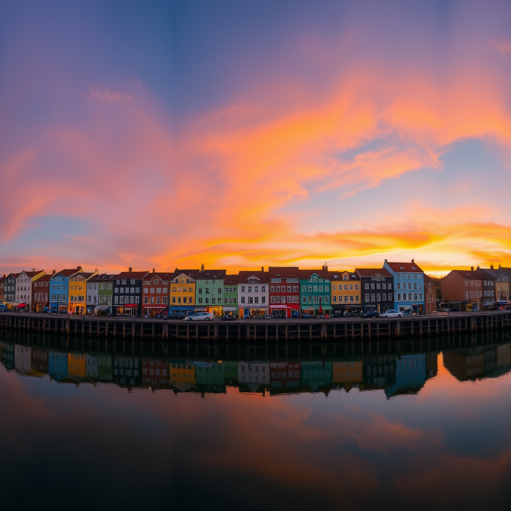 Capture a tranquil evening scene of a waterfront with colorful buildings reflecting on calm water, using a Canon EOS R5, 24mm lens, f/8 aperture, ISO 200, 1/60 sec exposure, in a panoramic view with a vibrant sunset sky.