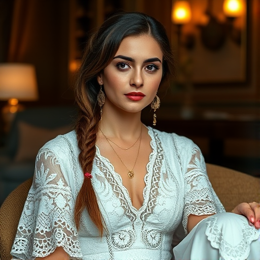 Create a portrait of a refined and elegant Kurdish woman seated in a sophisticated setting. She has long, wavy hair styled in two thick braids that are pulled over her shoulders. She wears a white, lace gown with intricate patterns, featuring a deep V-neckline and short sleeves. The dress exudes a vintage charm with its delicate lacework. She is adorned with ornate, dangling earrings that add a touch of glamour to her appearance. The background is softly lit, with warm, ambient lighting that creates a cozy and inviting atmosphere. Her expression is poised and serene, capturing a sense of grace and elegance.