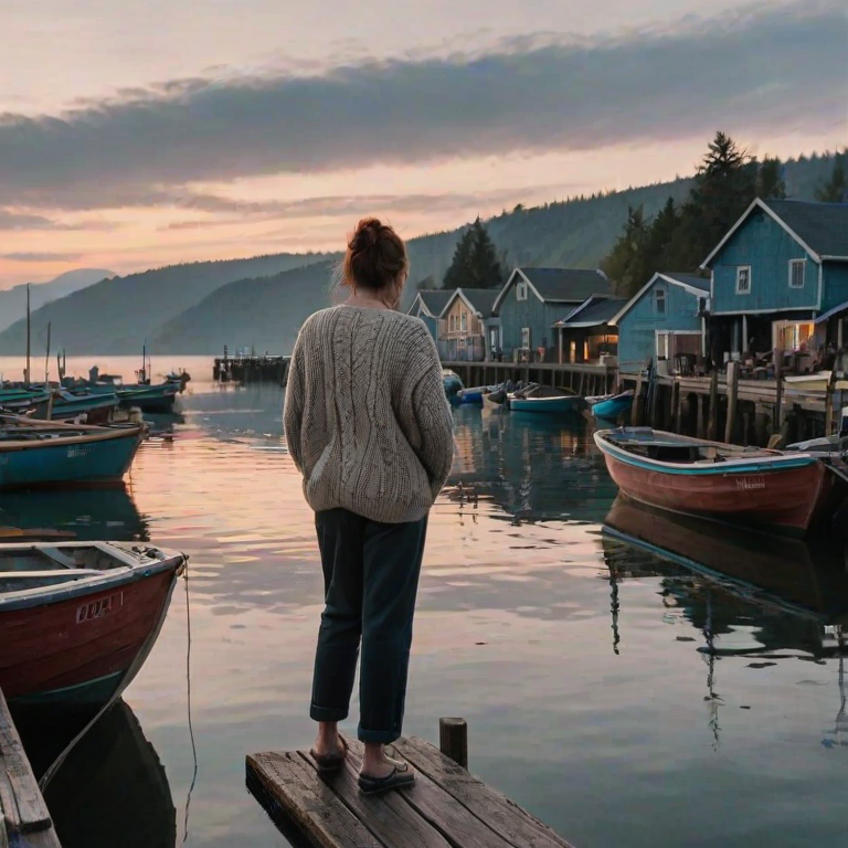 Quiet fishing village at dawn, wooden boats tied up at the dock, a woman in a knit sweater walks along the pier, her hands in her pockets as she watches the fishermen prepare for the day.