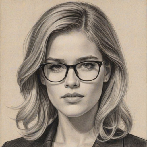 Elegant Cody Horn, pencil sketch, portrait of Fetching woman 1965s in glasses, hair style beatnik, outline, clear lines, fine lines, 8k