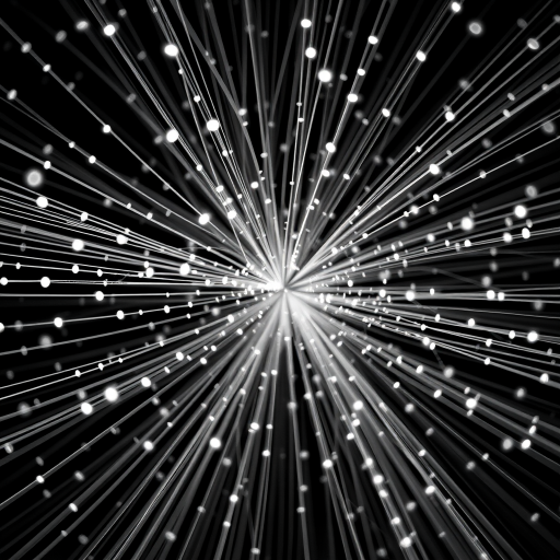 Create an abstract image of a black and white network of lines and dots dynamically radiating outward, captured with a Canon EOS R5 at f/2.8, ISO 100, 1/250s, overhead view, using macro lens to enhance detail and depth.