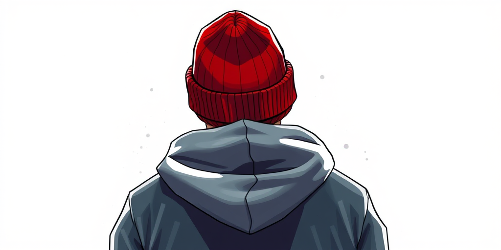 Create a high-resolution illustration of a person wearing a red beanie and gray hoodie, viewed from behind, using a digital painting style; set the resolution to 300 DPI, with a focus on vibrant colors and smooth gradients.