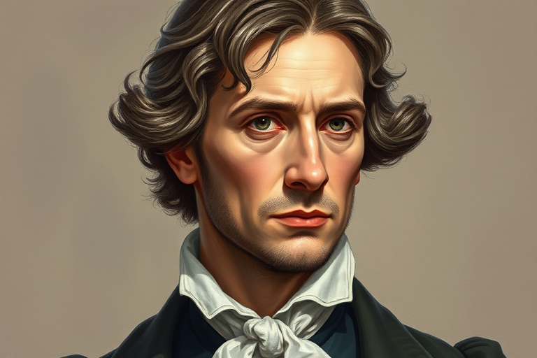 Create a detailed illustration of a historical figure resembling a playwright with a distinct hairstyle and clothing style, captured in a digital art format, using a DSLR camera with a 50mm lens at f/2.8, ISO 100, and a soft focus background to enhance the subject's prominence.