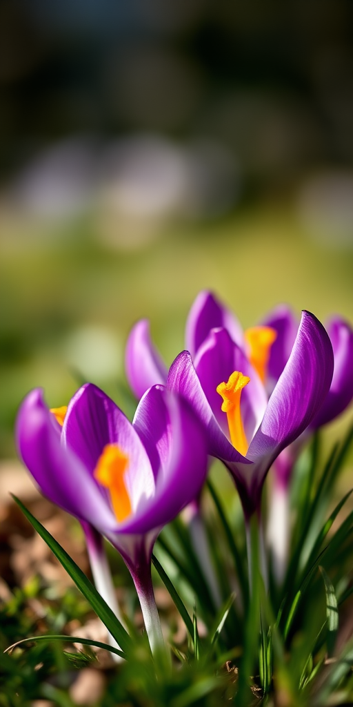 macro shot of vibrant purple crocuses with a soft focus background, f/2.8 aperture, 1/200 sec shutter speed, ISO 100, 50mm lens, natural light, shot from a low angle to emphasize flower details