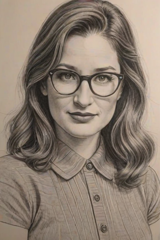 Superb Kathryn Hahn, pencil sketch, portrait of Attractive woman 1938s in glasses, hair style beatnik, outline, clear lines, fine lines, 8k